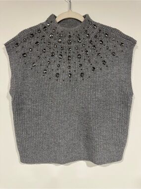 NWT House Of Harlow 1960 Sweater Vest Womens L Gray Beaded Mock Neck Knit Jewels